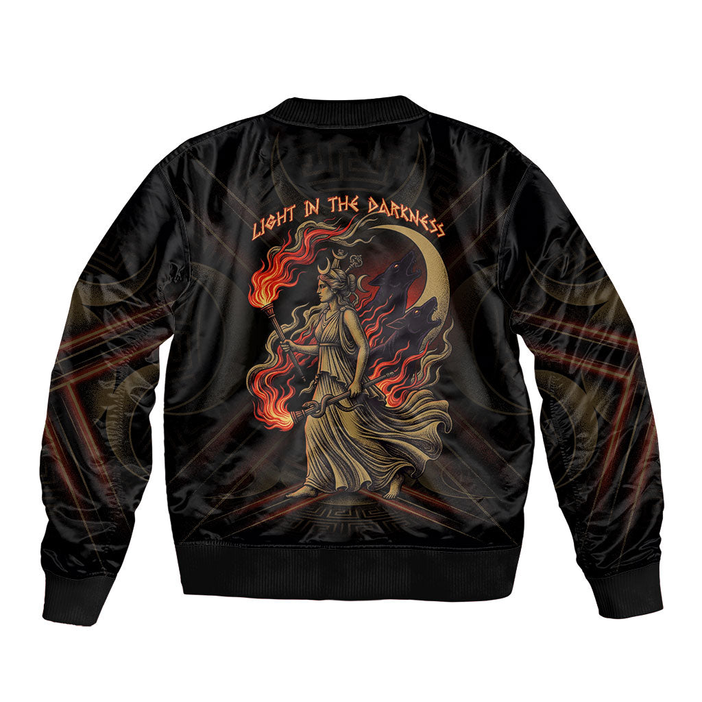 Hecate Triple Goddess Sleeve Zip Bomber Jacket Greek Hecate Flaming Torches Key Snake And Hounds