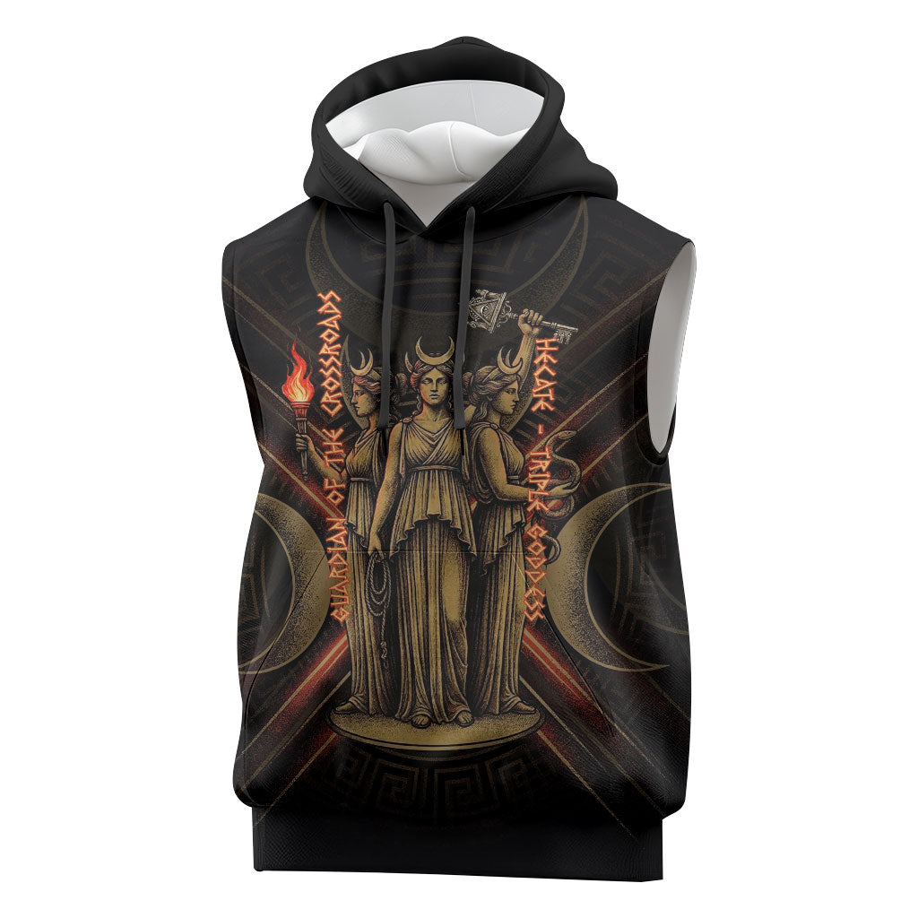 Hecate Triple Goddess Sleeveless Hoodie Greek Hecate Flaming Torches Key Snake And Hounds