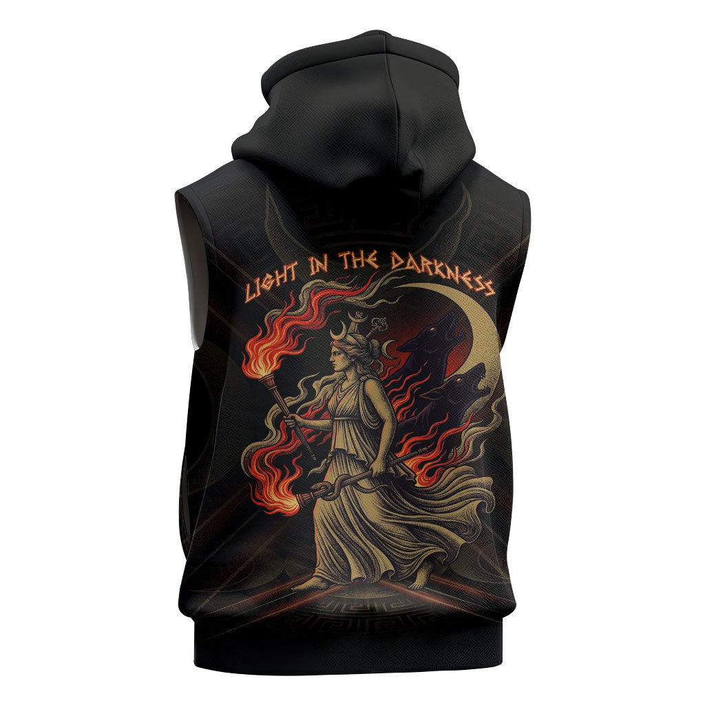 Hecate Triple Goddess Sleeveless Hoodie Greek Hecate Flaming Torches Key Snake And Hounds