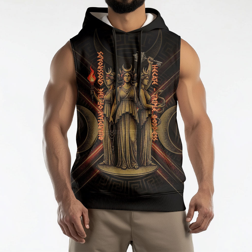 Hecate Triple Goddess Sleeveless Hoodie Greek Hecate Flaming Torches Key Snake And Hounds