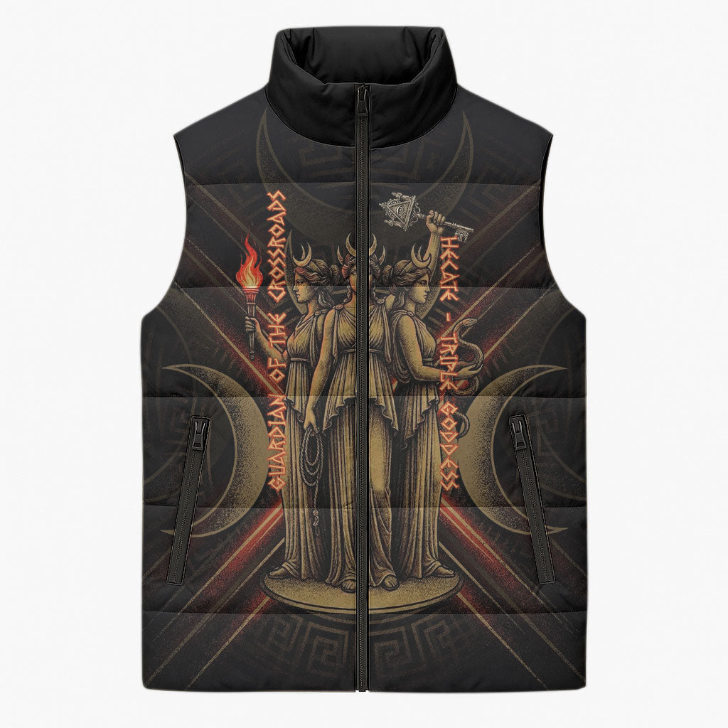Hecate Triple Goddess Sleeveless Puffer Jacket Greek Hecate Flaming Torches Key Snake And Hounds