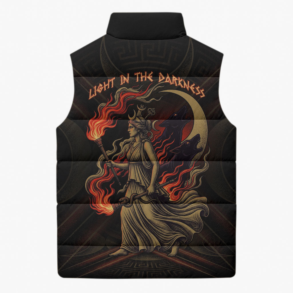 Hecate Triple Goddess Sleeveless Puffer Jacket Greek Hecate Flaming Torches Key Snake And Hounds