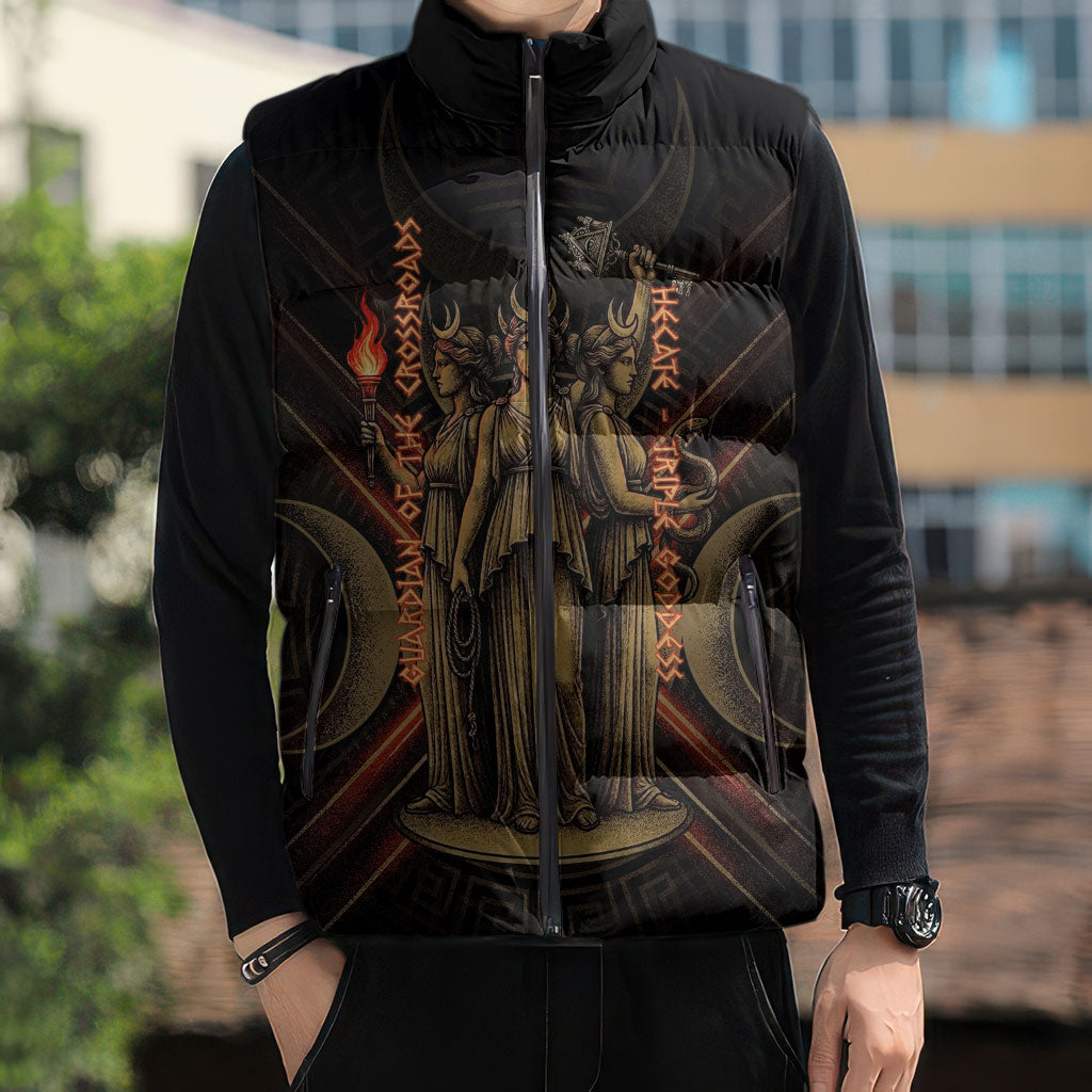 Hecate Triple Goddess Sleeveless Puffer Jacket Greek Hecate Flaming Torches Key Snake And Hounds