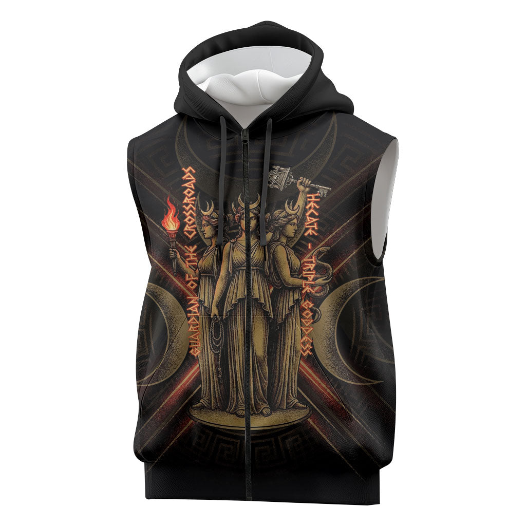 Hecate Triple Goddess Sleeveless Zip Hoodie Greek Hecate Flaming Torches Key Snake And Hounds