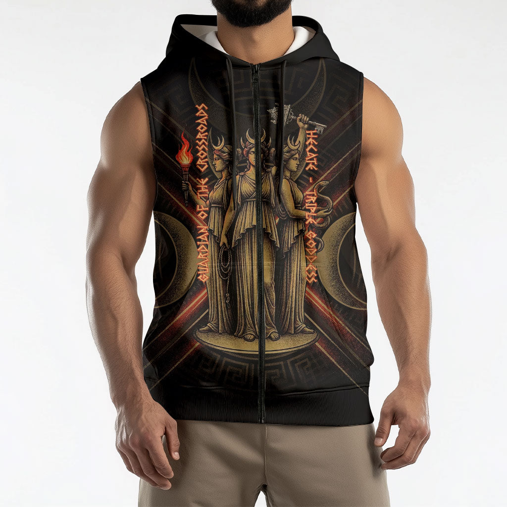 Hecate Triple Goddess Sleeveless Zip Hoodie Greek Hecate Flaming Torches Key Snake And Hounds