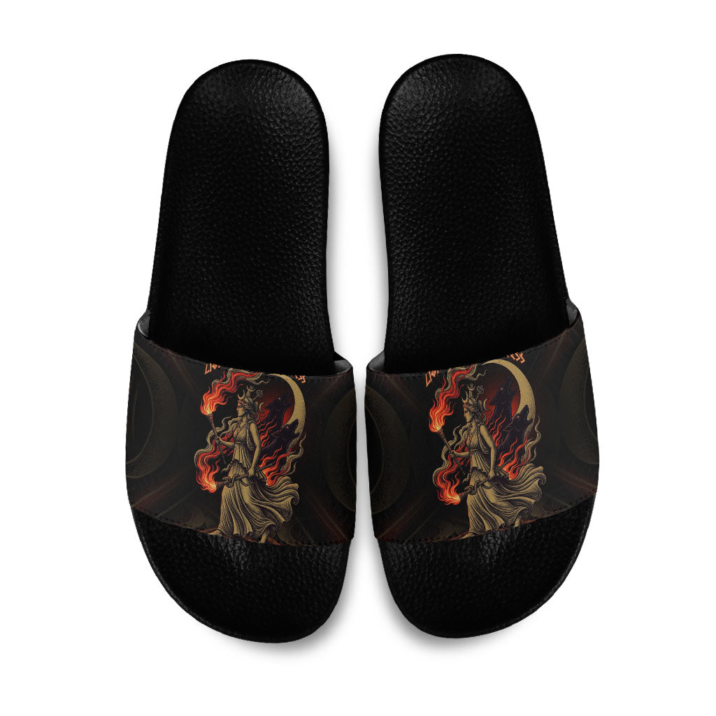 Hecate Triple Goddess Slide Sandals Greek Hecate Flaming Torches Key Snake And Hounds