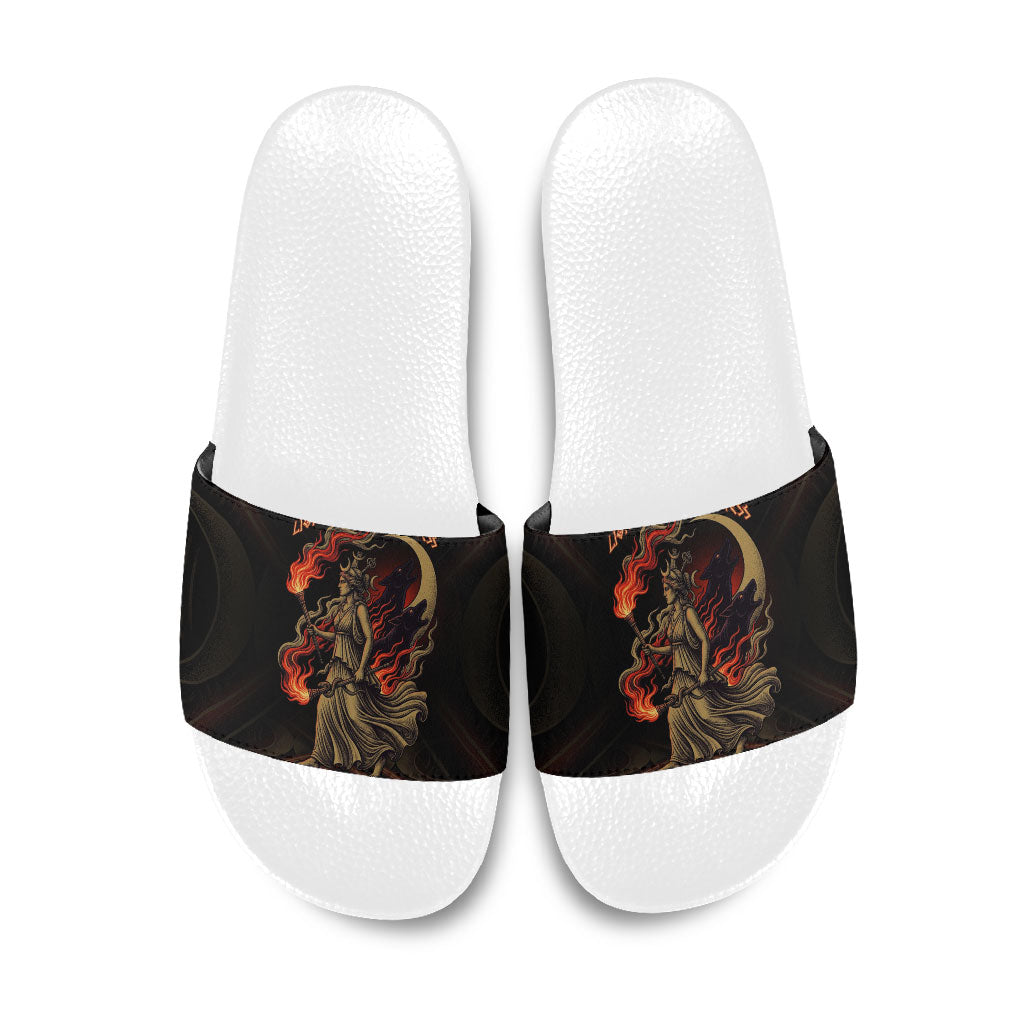 Hecate Triple Goddess Slide Sandals Greek Hecate Flaming Torches Key Snake And Hounds