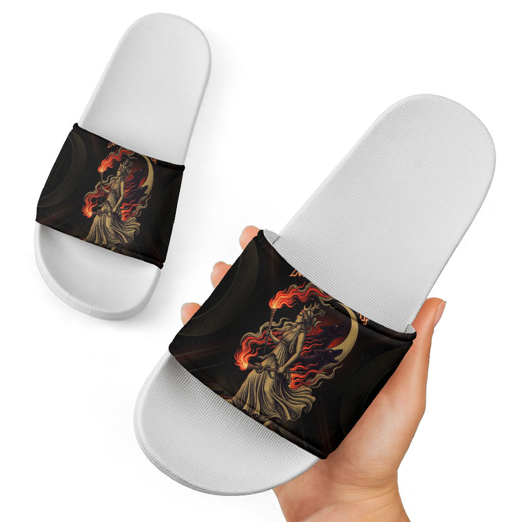 Hecate Triple Goddess Slide Sandals Greek Hecate Flaming Torches Key Snake And Hounds