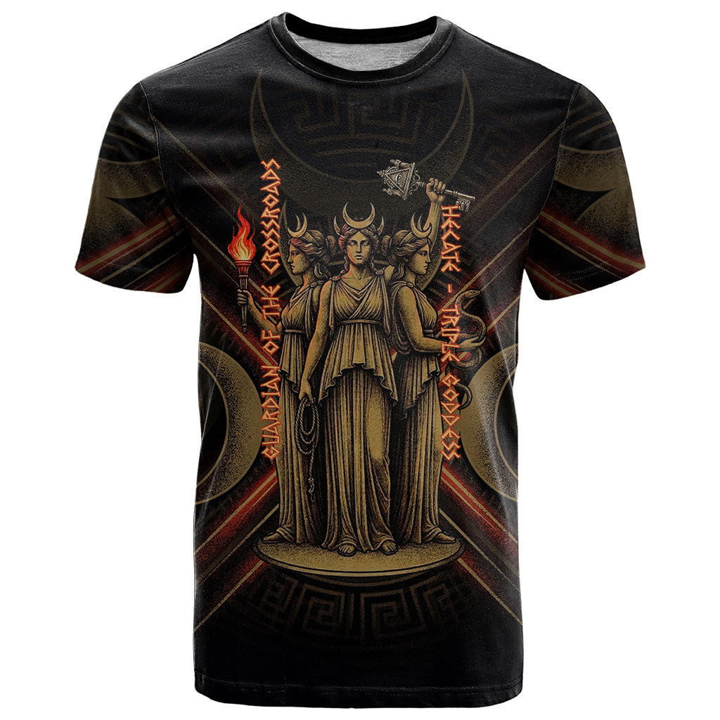 Hecate Triple Goddess T Shirt Greek Hecate Flaming Torches Key Snake And Hounds