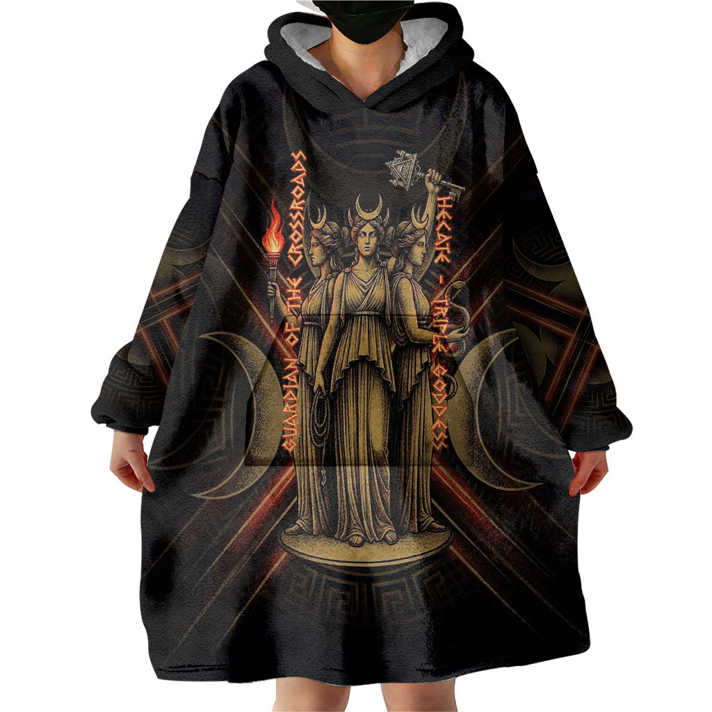 Hecate Triple Goddess Wearable Blanket Hoodie Greek Hecate Flaming Torches Key Snake And Hounds