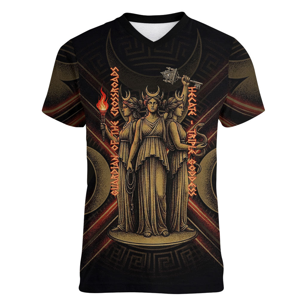 Hecate Triple Goddess Women V-Neck T-Shirt Greek Hecate Flaming Torches Key Snake And Hounds