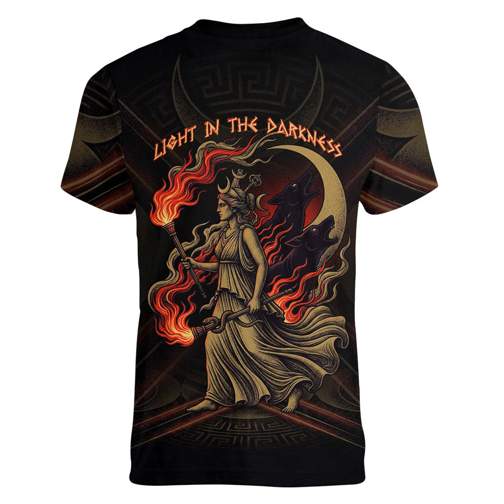 Hecate Triple Goddess Women V-Neck T-Shirt Greek Hecate Flaming Torches Key Snake And Hounds