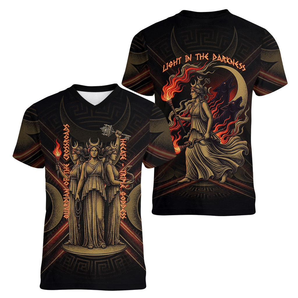 Hecate Triple Goddess Women V-Neck T-Shirt Greek Hecate Flaming Torches Key Snake And Hounds
