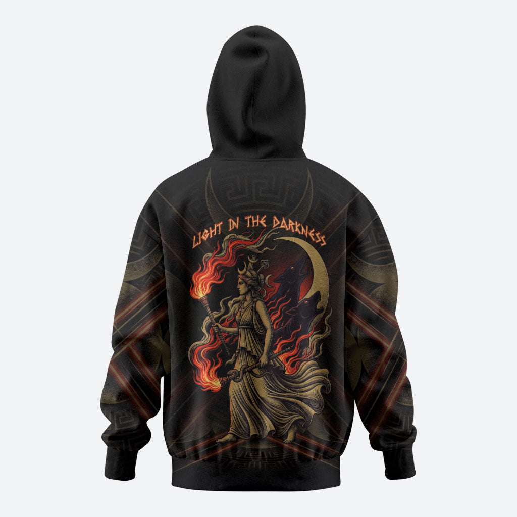 Hecate Triple Goddess Zip Hoodie Greek Hecate Flaming Torches Key Snake And Hounds