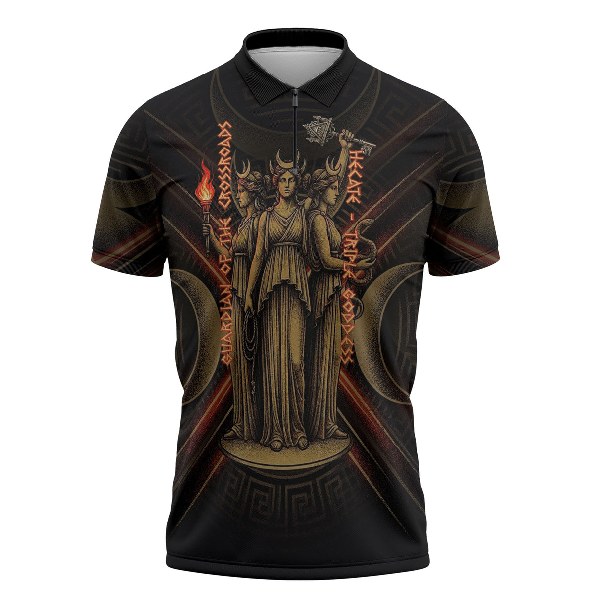 Hecate Triple Goddess Zipper Polo Shirt Greek Hecate Flaming Torches Key Snake And Hounds