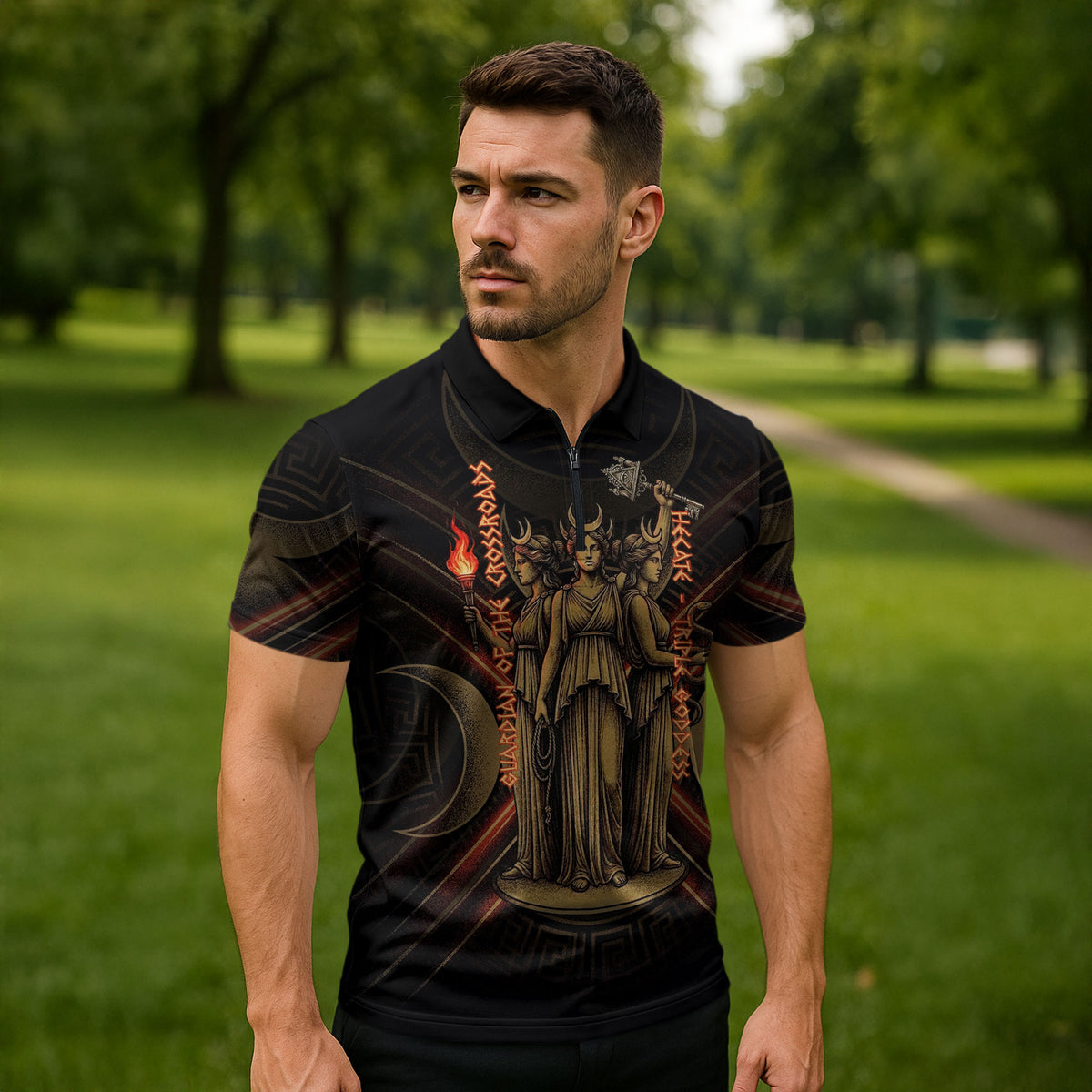 Hecate Triple Goddess Zipper Polo Shirt Greek Hecate Flaming Torches Key Snake And Hounds