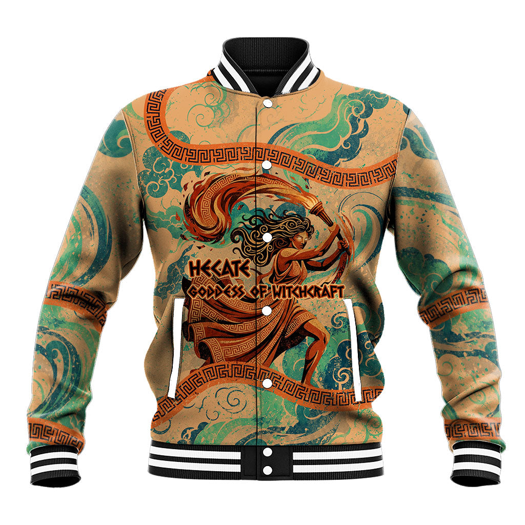 Hecate Goddess Of Witchcraft Baseball Jacket Hecate Flaming Torch Serpent And Strophalos Wheel Greek