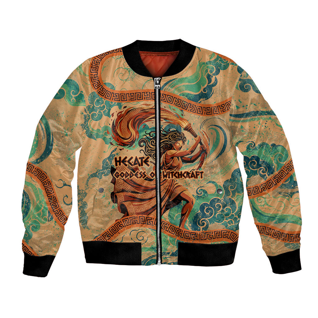 Hecate Goddess Of Witchcraft Bomber Jacket Hecate Flaming Torch Serpent And Strophalos Wheel Greek
