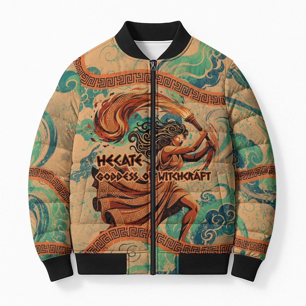 Hecate Goddess Of Witchcraft Bomber Puffer Jacket Hecate Flaming Torch Serpent And Strophalos Wheel Greek