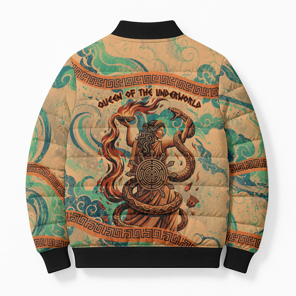 Hecate Goddess Of Witchcraft Bomber Puffer Jacket Hecate Flaming Torch Serpent And Strophalos Wheel Greek