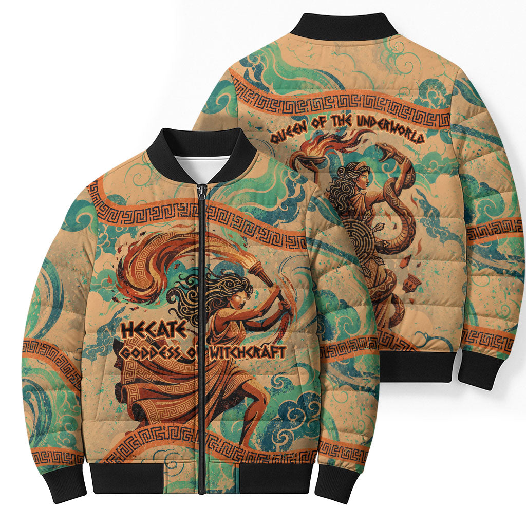 Hecate Goddess Of Witchcraft Bomber Puffer Jacket Hecate Flaming Torch Serpent And Strophalos Wheel Greek