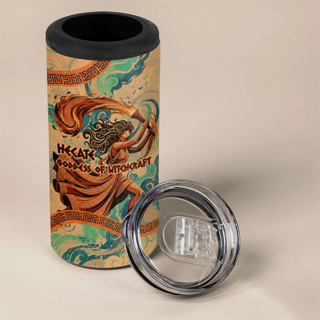 Hecate Goddess Of Witchcraft 4 in 1 Can Cooler Tumbler Hecate Flaming Torch Serpent And Strophalos Wheel Greek