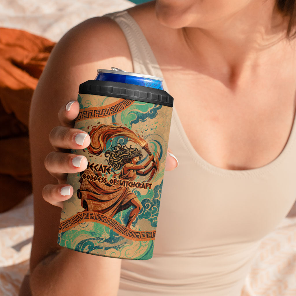 Hecate Goddess Of Witchcraft 4 in 1 Can Cooler Tumbler Hecate Flaming Torch Serpent And Strophalos Wheel Greek