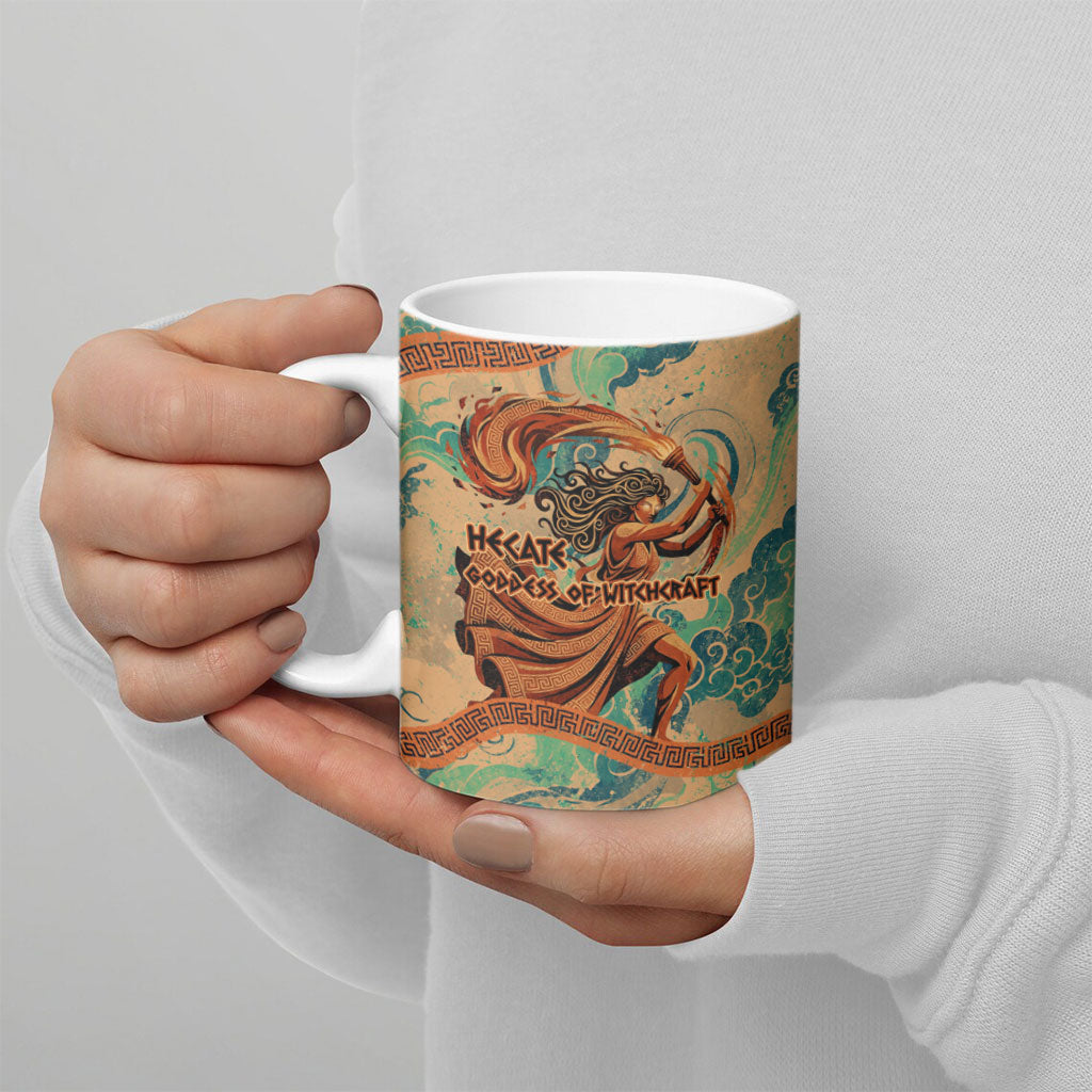 Hecate Goddess Of Witchcraft Ceramic Mug Hecate Flaming Torch Serpent And Strophalos Wheel Greek