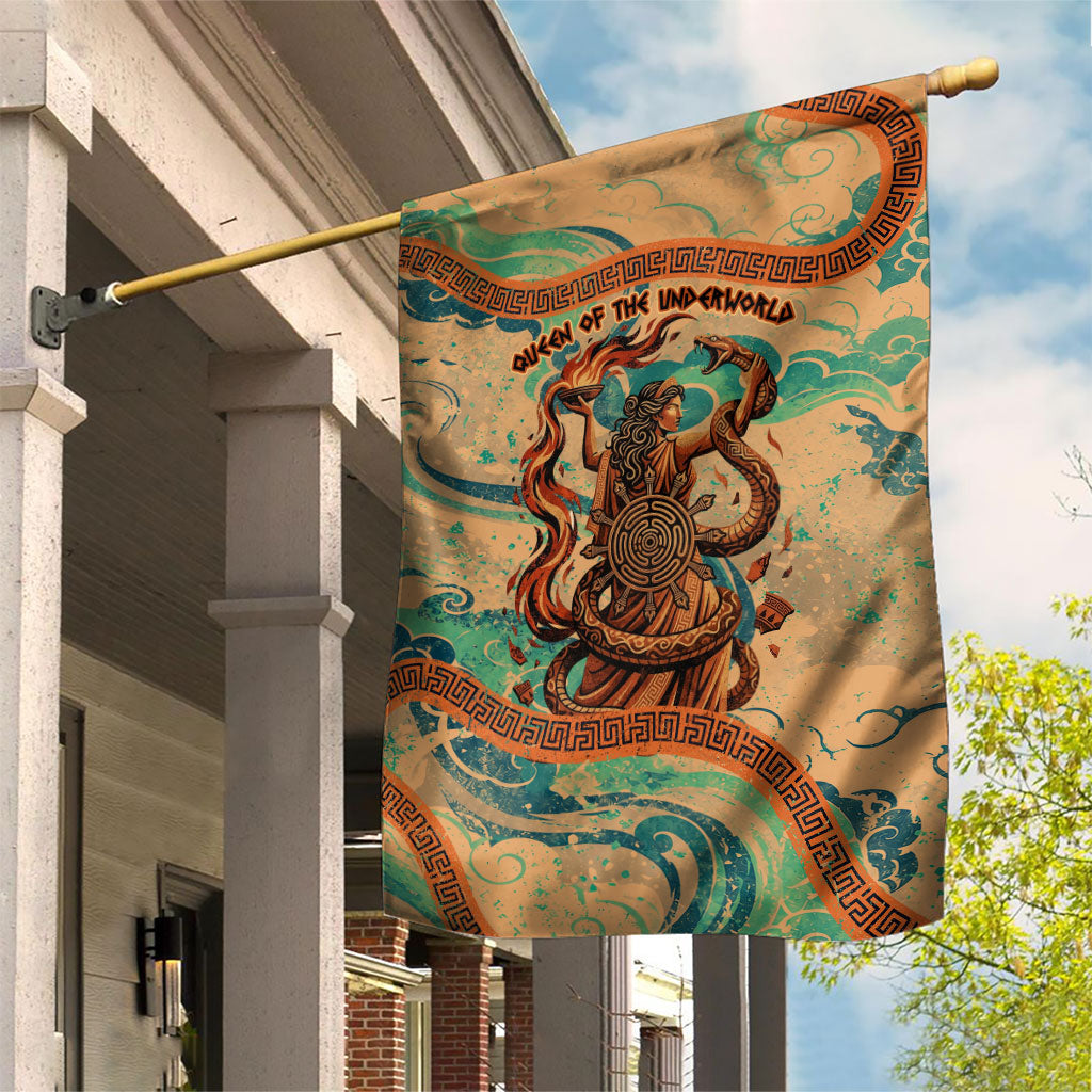 Hecate Goddess Of Witchcraft Garden Flag Hecate Flaming Torch Serpent And Strophalos Wheel Greek