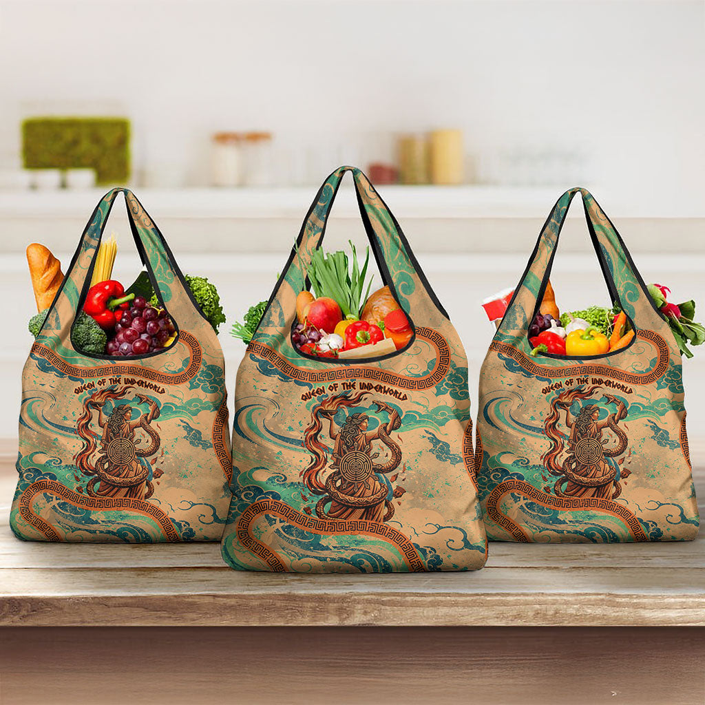 Hecate Goddess Of Witchcraft Grocery Bag Hecate Flaming Torch Serpent And Strophalos Wheel Greek