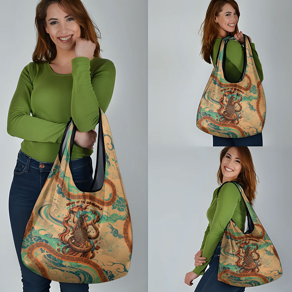 Hecate Goddess Of Witchcraft Grocery Bag Hecate Flaming Torch Serpent And Strophalos Wheel Greek
