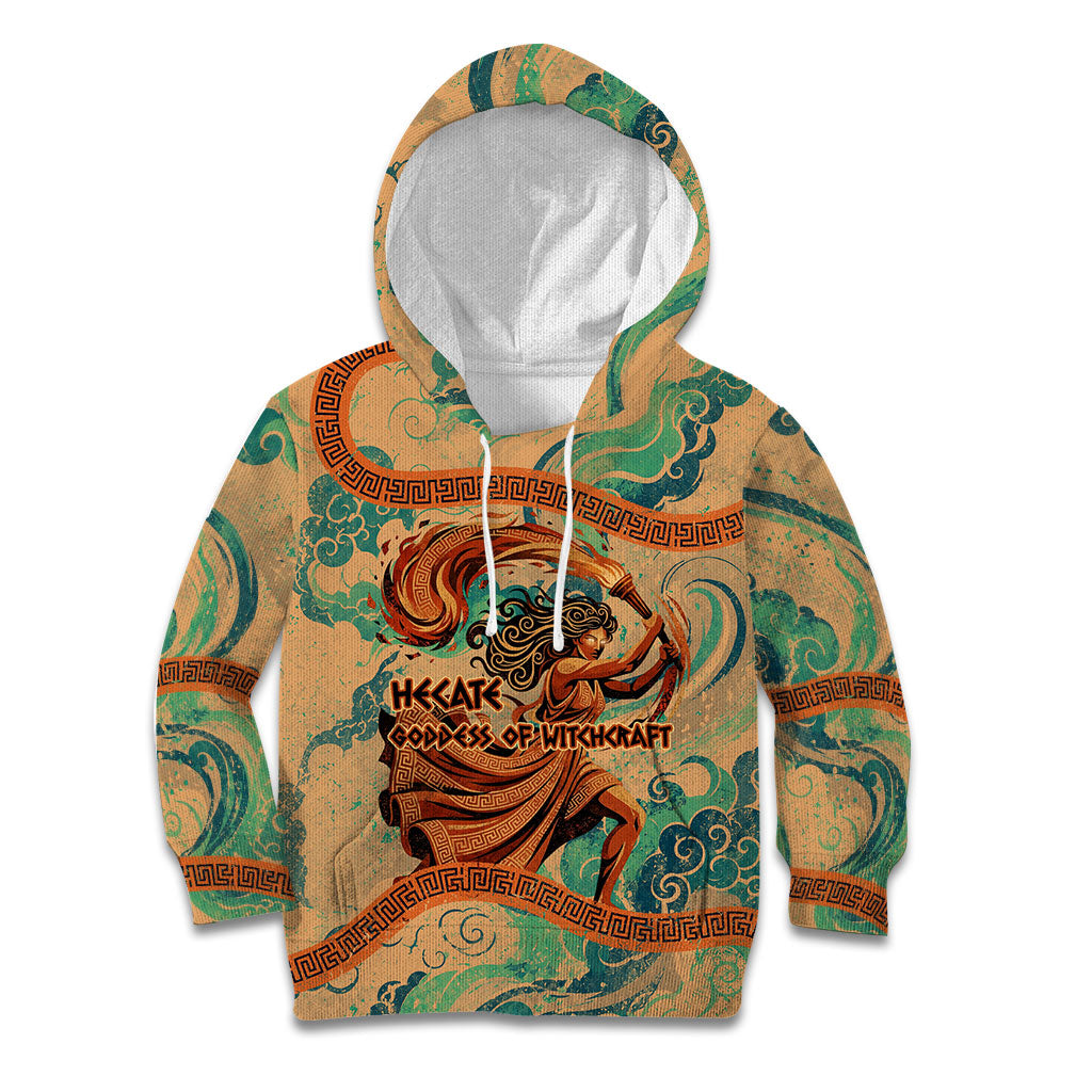 Hecate Goddess Of Witchcraft Kid Hoodie Hecate Flaming Torch Serpent And Strophalos Wheel Greek