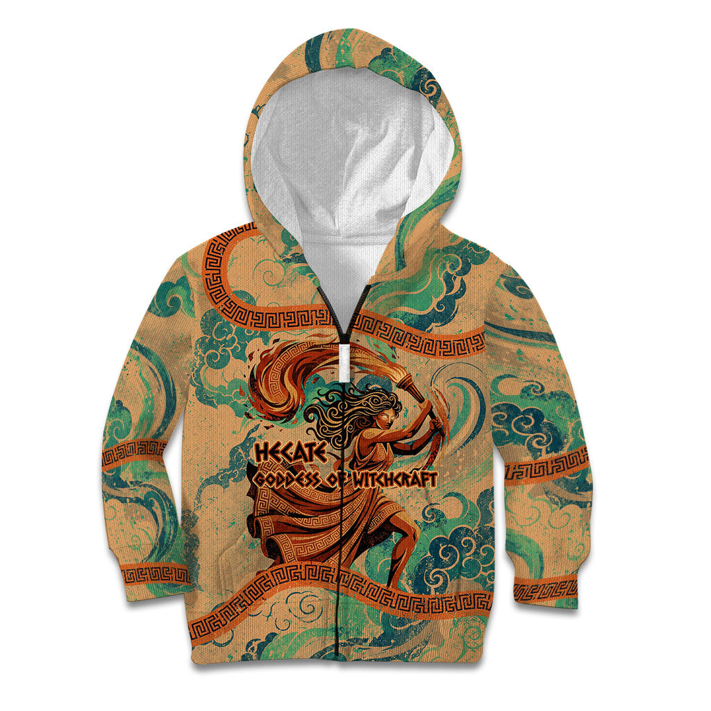 Hecate Goddess Of Witchcraft Kid Hoodie Hecate Flaming Torch Serpent And Strophalos Wheel Greek