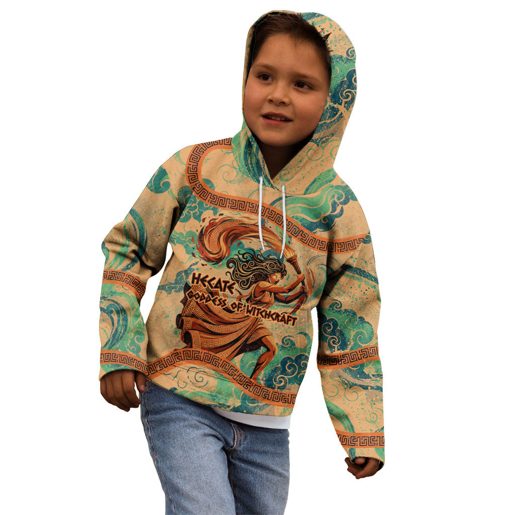Hecate Goddess Of Witchcraft Kid Hoodie Hecate Flaming Torch Serpent And Strophalos Wheel Greek