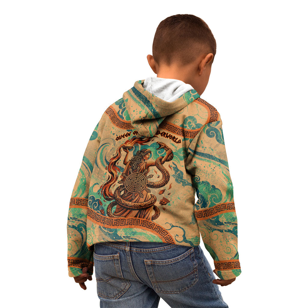 Hecate Goddess Of Witchcraft Kid Hoodie Hecate Flaming Torch Serpent And Strophalos Wheel Greek