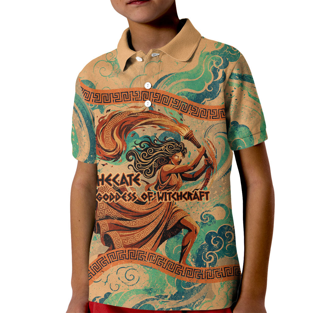 Hecate Goddess Of Witchcraft Kid Polo Shirt Hecate Flaming Torch Serpent And Strophalos Wheel Greek