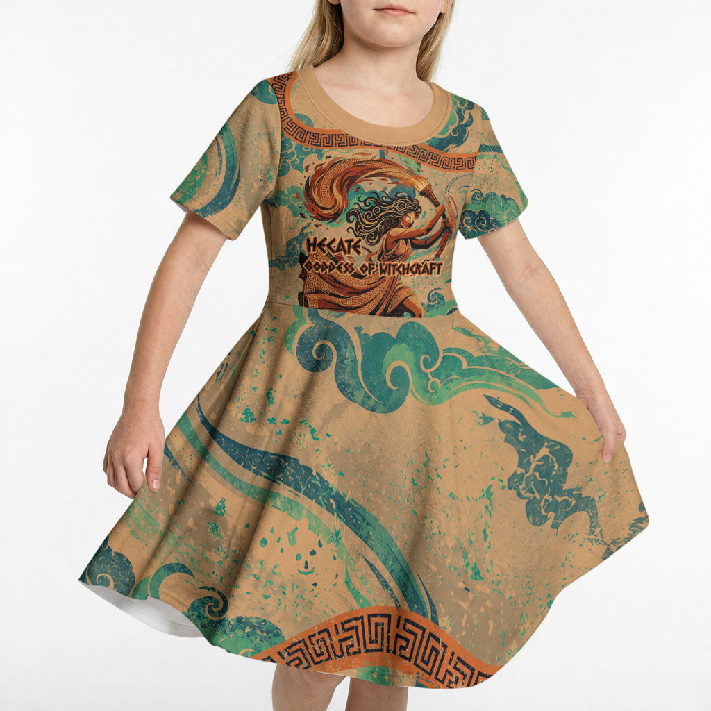 Hecate Goddess Of Witchcraft Kid Short Sleeve Dress Hecate Flaming Torch Serpent And Strophalos Wheel Greek
