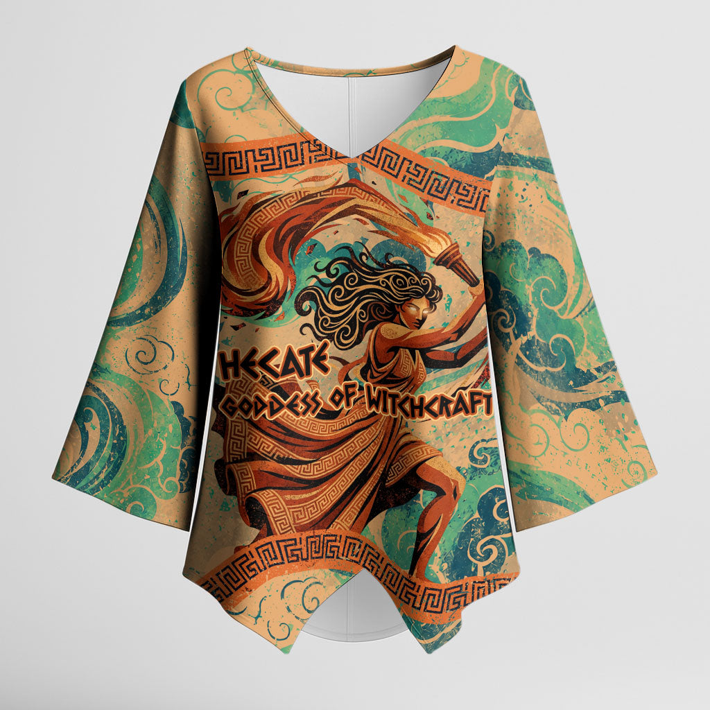 Hecate Goddess Of Witchcraft Kimono Sleeve Blouse Hecate Flaming Torch Serpent And Strophalos Wheel Greek