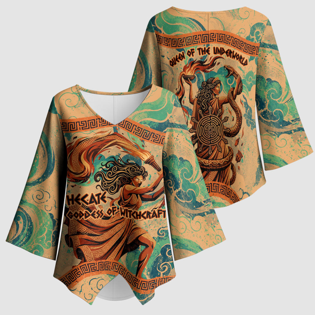 Hecate Goddess Of Witchcraft Kimono Sleeve Blouse Hecate Flaming Torch Serpent And Strophalos Wheel Greek