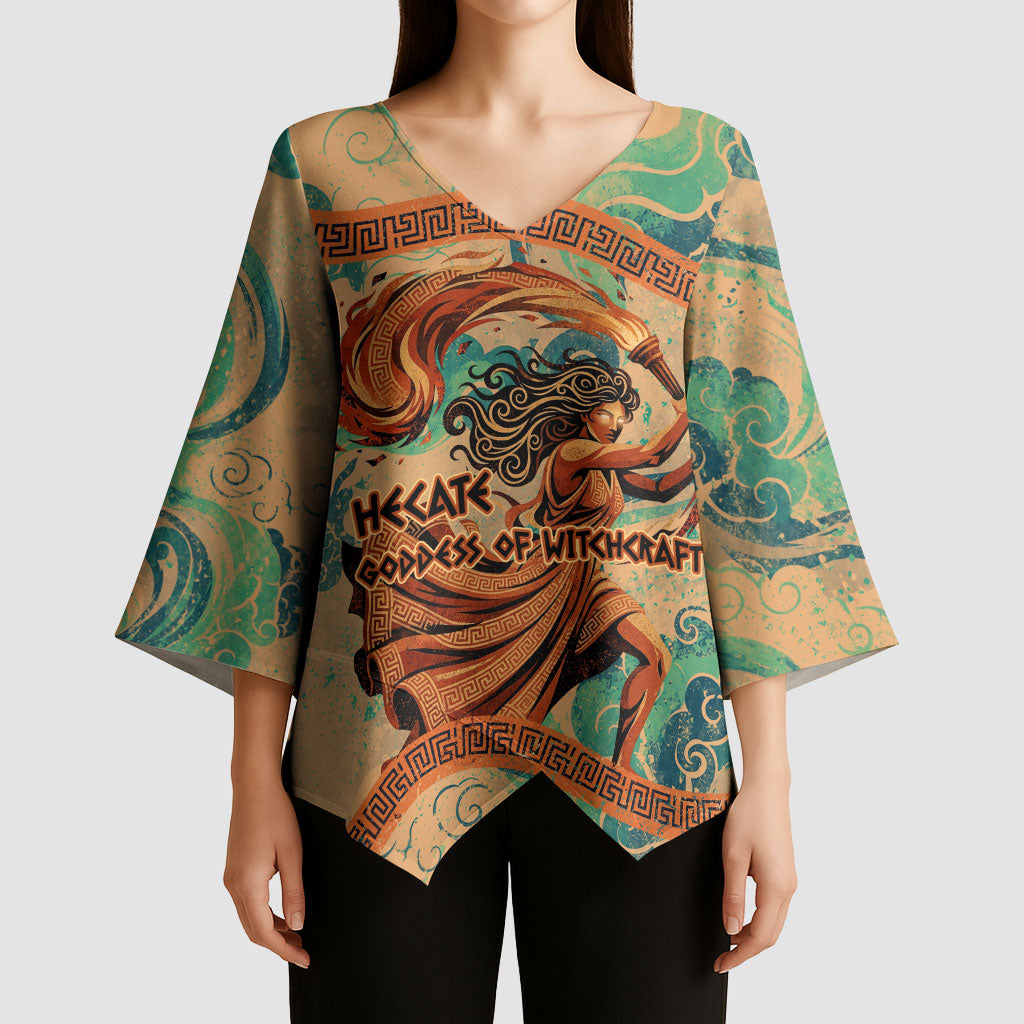 Hecate Goddess Of Witchcraft Kimono Sleeve Blouse Hecate Flaming Torch Serpent And Strophalos Wheel Greek