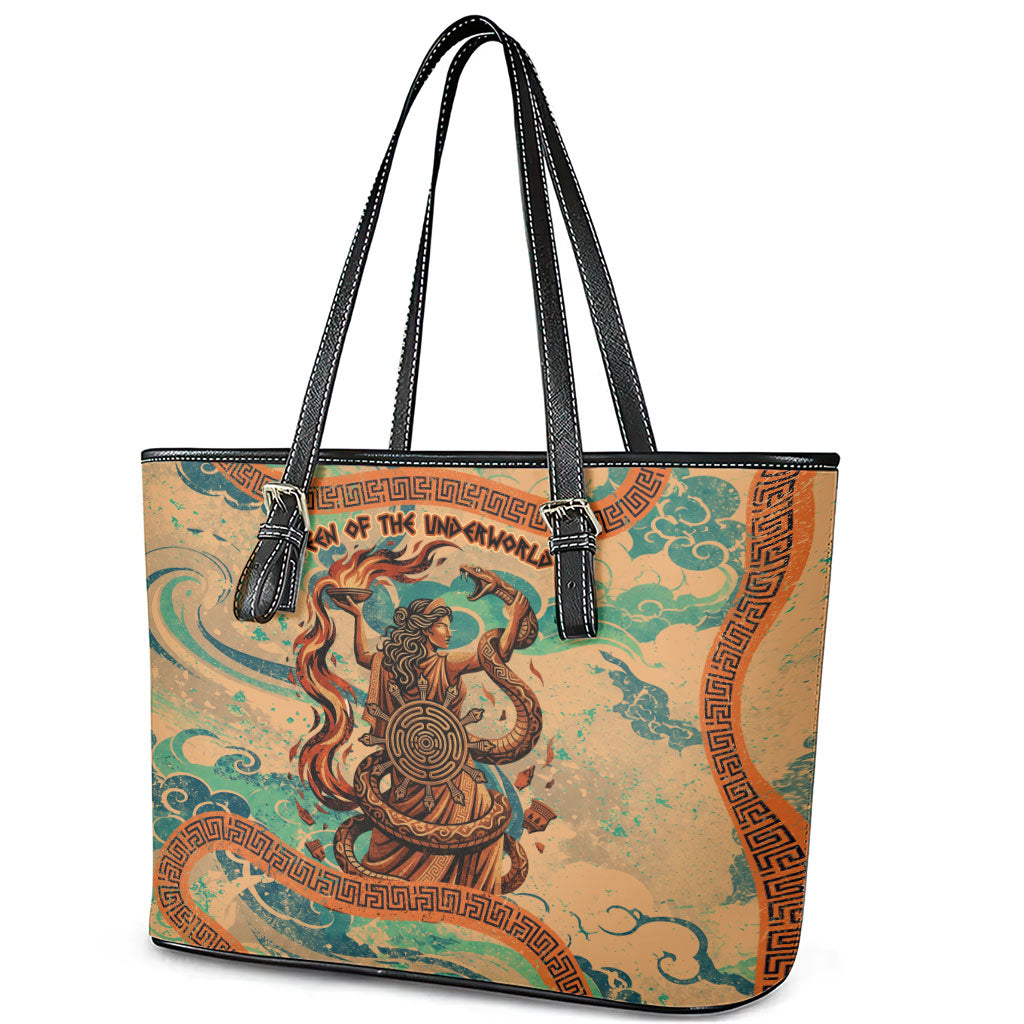 Hecate Goddess Of Witchcraft Leather Tote Bag Hecate Flaming Torch Serpent And Strophalos Wheel Greek