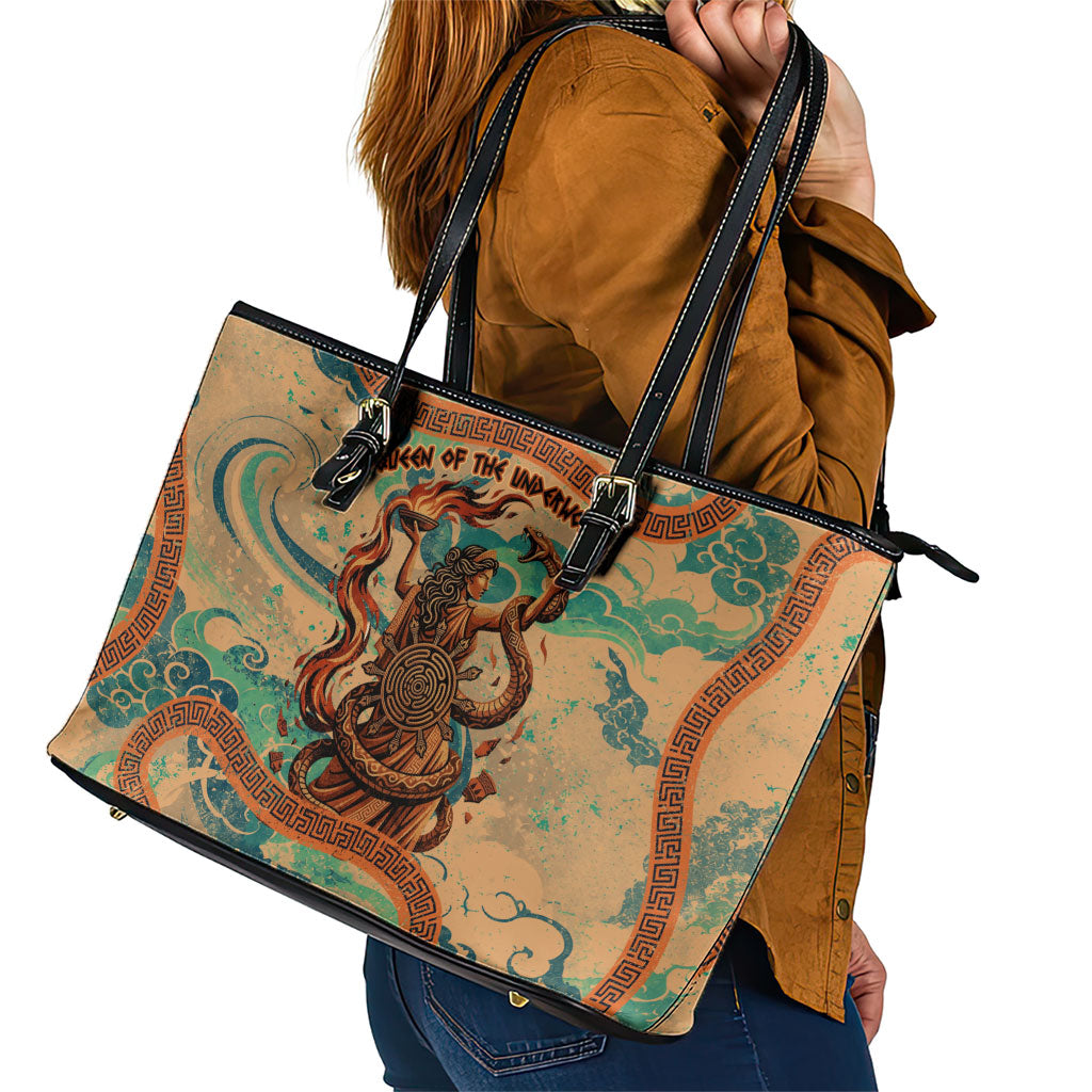 Hecate Goddess Of Witchcraft Leather Tote Bag Hecate Flaming Torch Serpent And Strophalos Wheel Greek