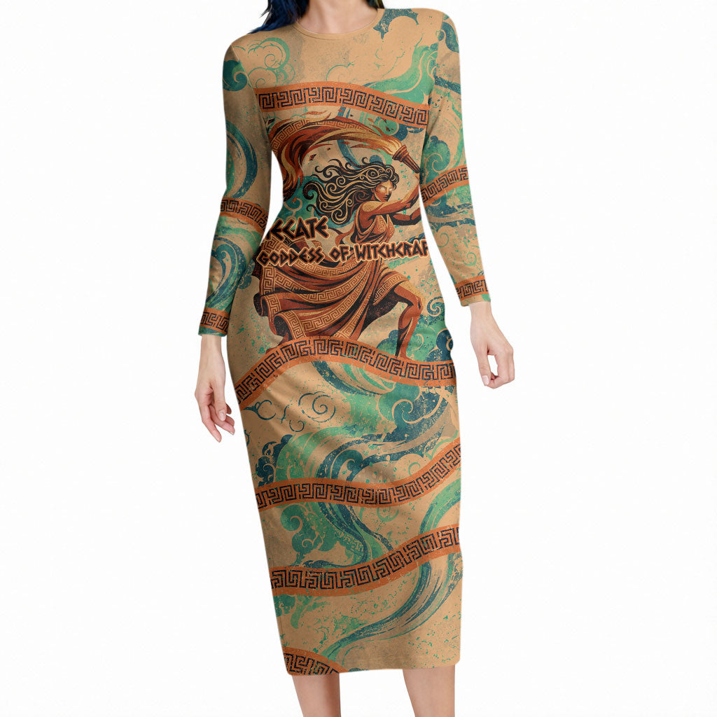 Hecate Goddess Of Witchcraft Long Sleeve Bodycon Dress Hecate Flaming Torch Serpent And Strophalos Wheel Greek