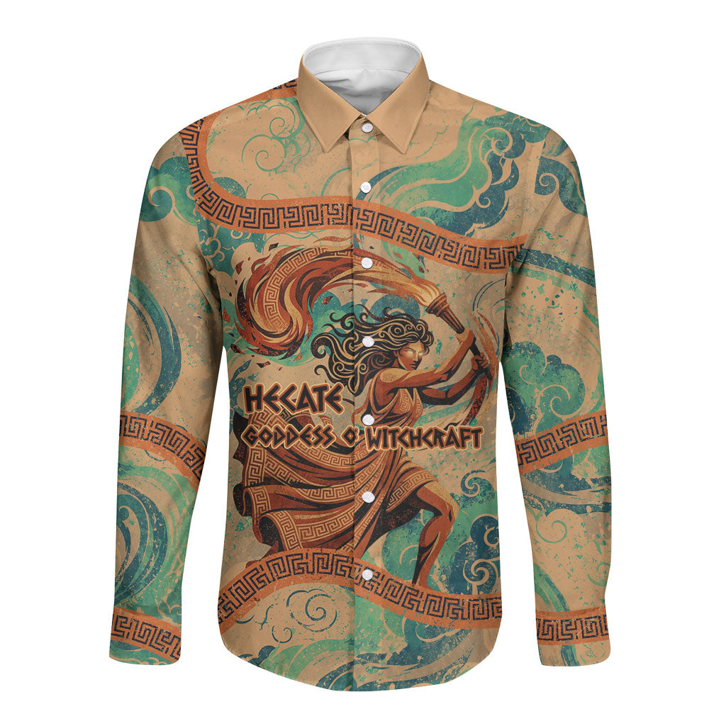 Hecate Goddess Of Witchcraft Long Sleeve Button Shirt Hecate Flaming Torch Serpent And Strophalos Wheel Greek