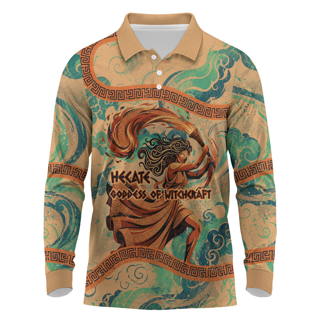 Hecate Goddess Of Witchcraft Long Sleeve Polo Shirt Hecate Flaming Torch Serpent And Strophalos Wheel Greek