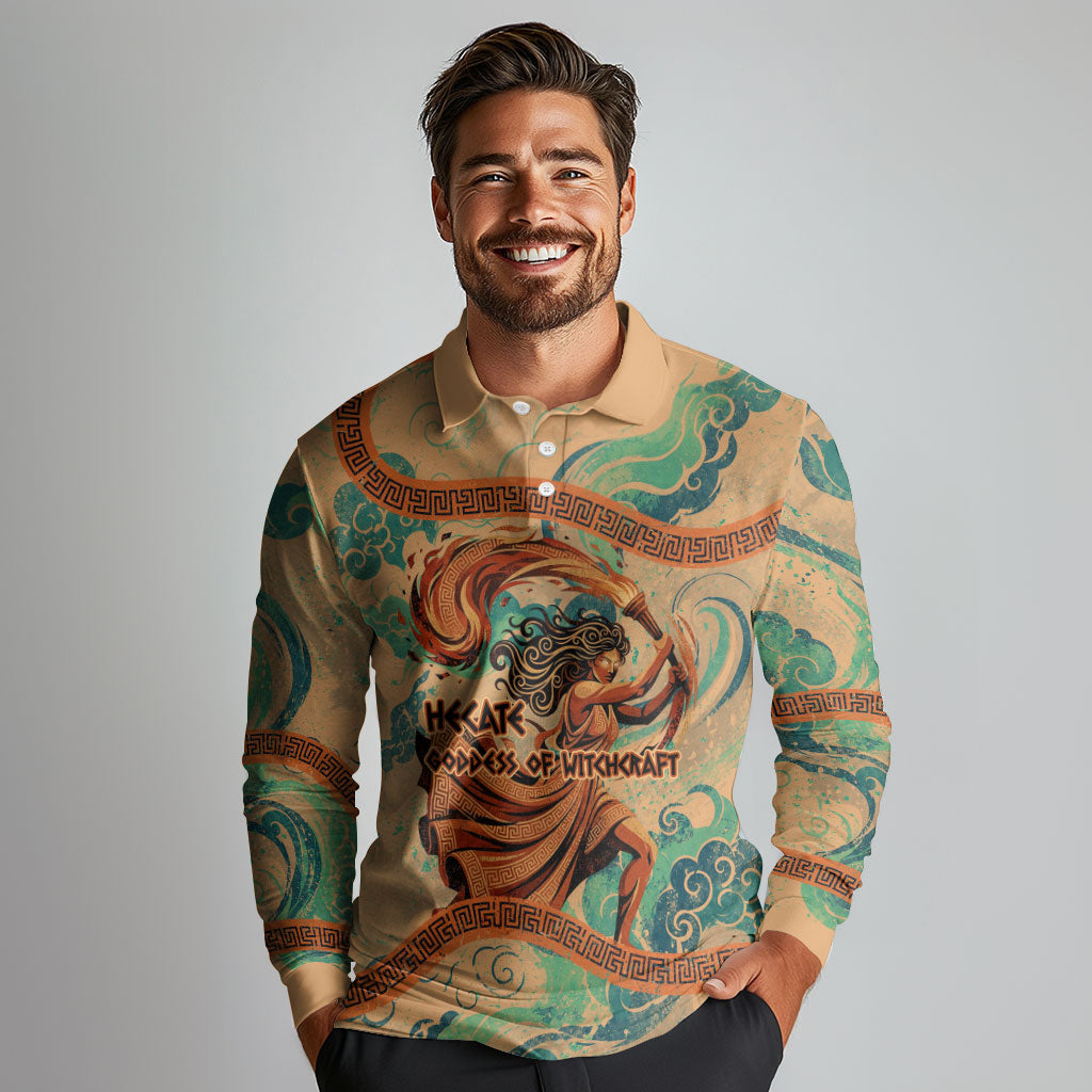 Hecate Goddess Of Witchcraft Long Sleeve Polo Shirt Hecate Flaming Torch Serpent And Strophalos Wheel Greek