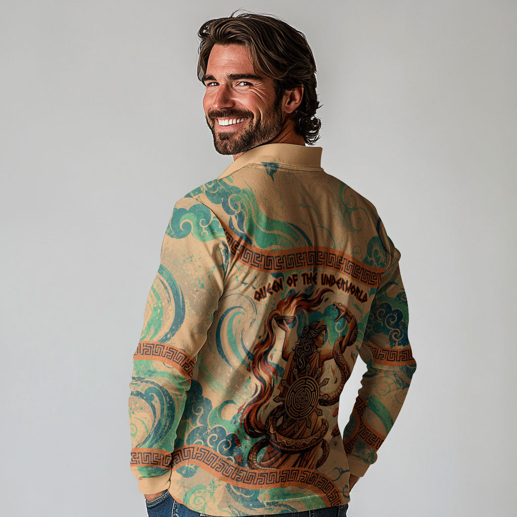 Hecate Goddess Of Witchcraft Long Sleeve Polo Shirt Hecate Flaming Torch Serpent And Strophalos Wheel Greek