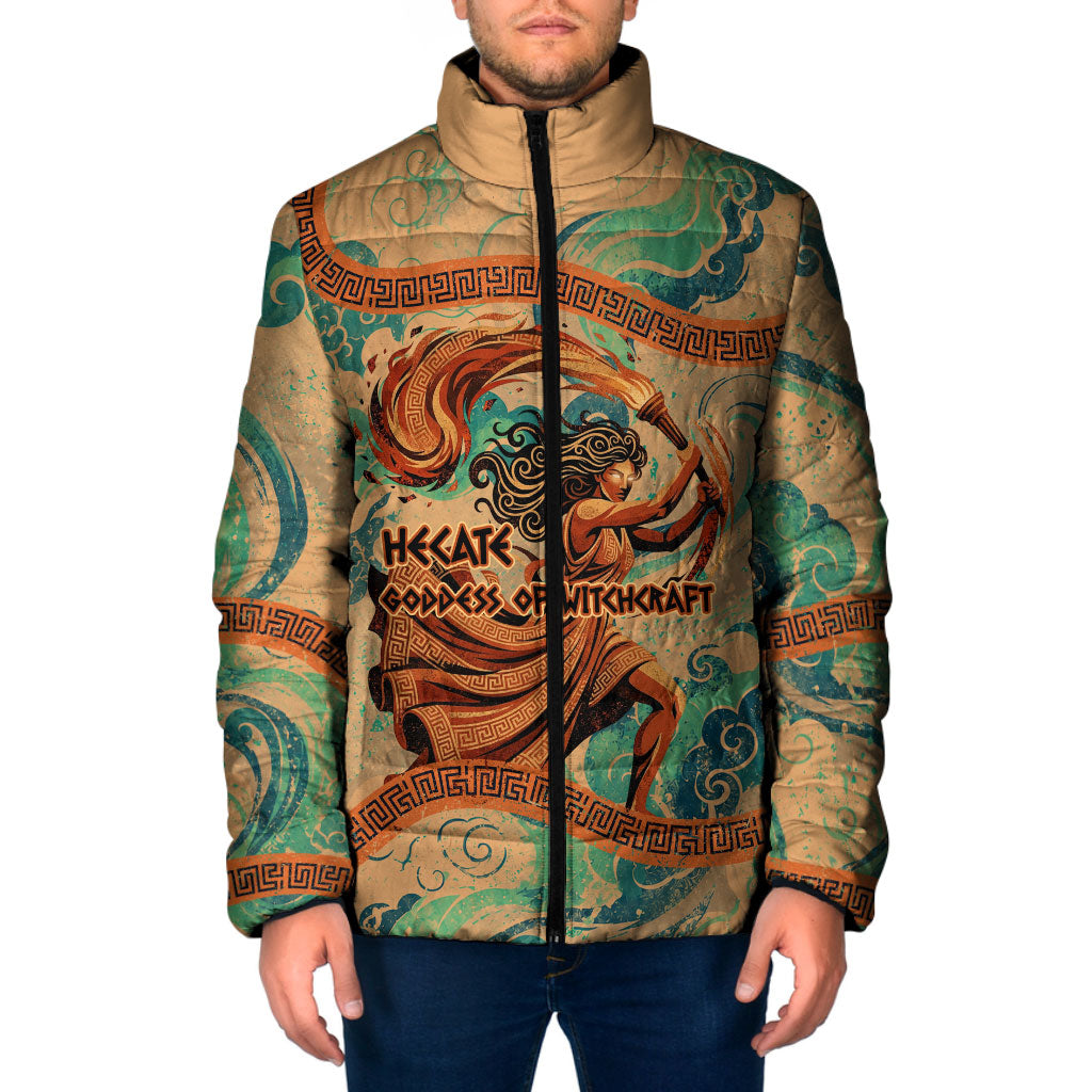 Hecate Goddess Of Witchcraft Padded Jacket Hecate Flaming Torch Serpent And Strophalos Wheel Greek