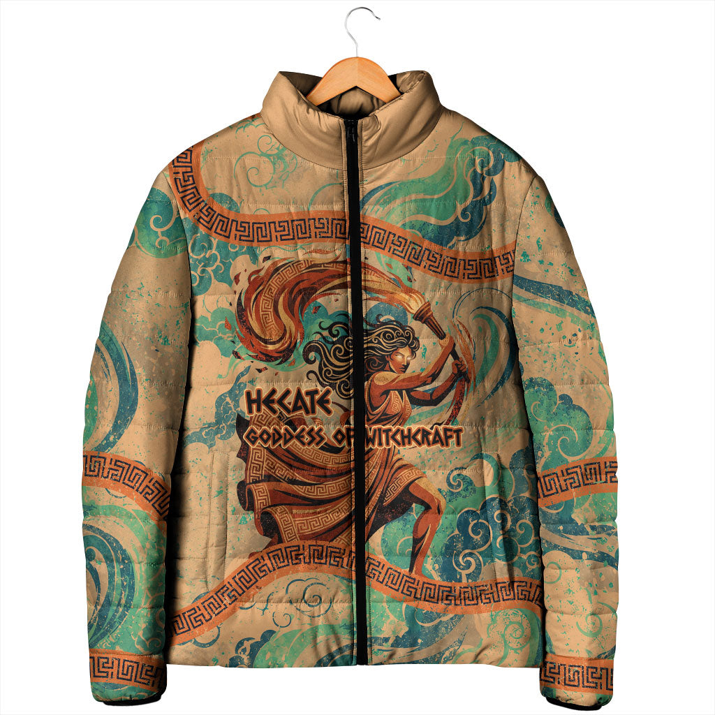 Hecate Goddess Of Witchcraft Padded Jacket Hecate Flaming Torch Serpent And Strophalos Wheel Greek