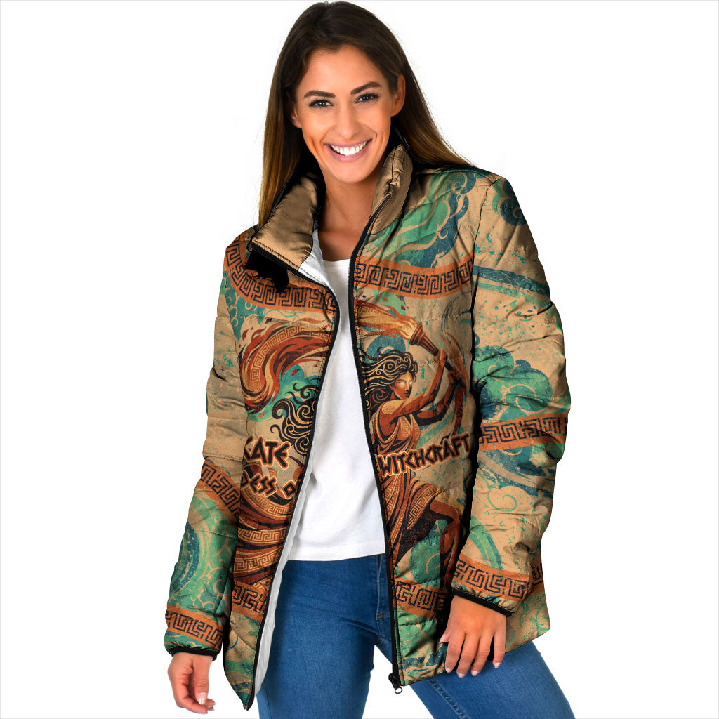 Hecate Goddess Of Witchcraft Padded Jacket Hecate Flaming Torch Serpent And Strophalos Wheel Greek